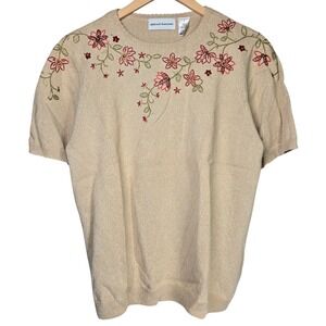Alfred‎ Dunner Tan Floral Embroidered Beaded Short Sleeve Sweater Large Diamond